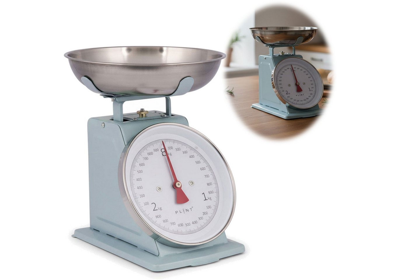 LS-LebenStil Küchenwaage Vintage Backwaage Retro Blau Manuelle Waage mit großem Ziffernblatt, (Manuelle Analoge Backwaage großes Ziffernblatt, 2-tlg., mit 1L Edelstahl Schüssel ohne Batterie / Strom Küche Waage), 3kg Skala mit großer Rührschüssel