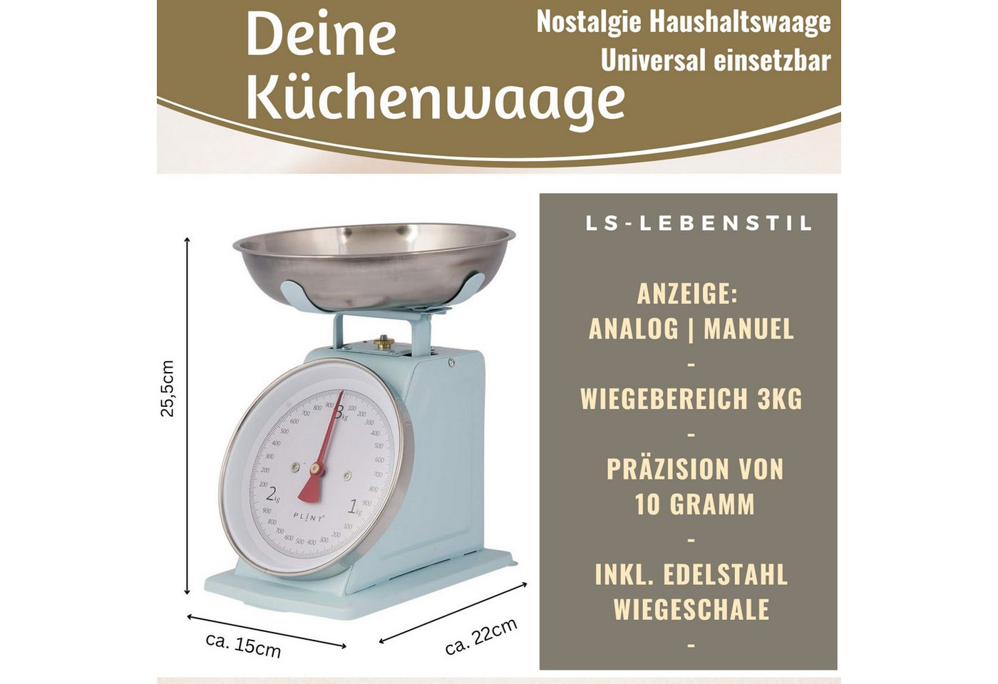 LS-LebenStil Küchenwaage Vintage Backwaage Retro Blau Manuelle Waage mit großem Ziffernblatt, (Manuelle Analoge Backwaage großes Ziffernblatt, 2-tlg., mit 1L Edelstahl Schüssel ohne Batterie / Strom Küche Waage), 3kg Skala mit großer Rührschüssel Bild 2
