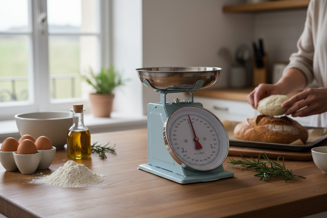 LS-LebenStil Küchenwaage Vintage Backwaage Retro Blau Manuelle Waage mit großem Ziffernblatt, (Manuelle Analoge Backwaage großes Ziffernblatt, 2-tlg., mit 1L Edelstahl Schüssel ohne Batterie / Strom Küche Waage), 3kg Skala mit großer Rührschüssel Bild 3