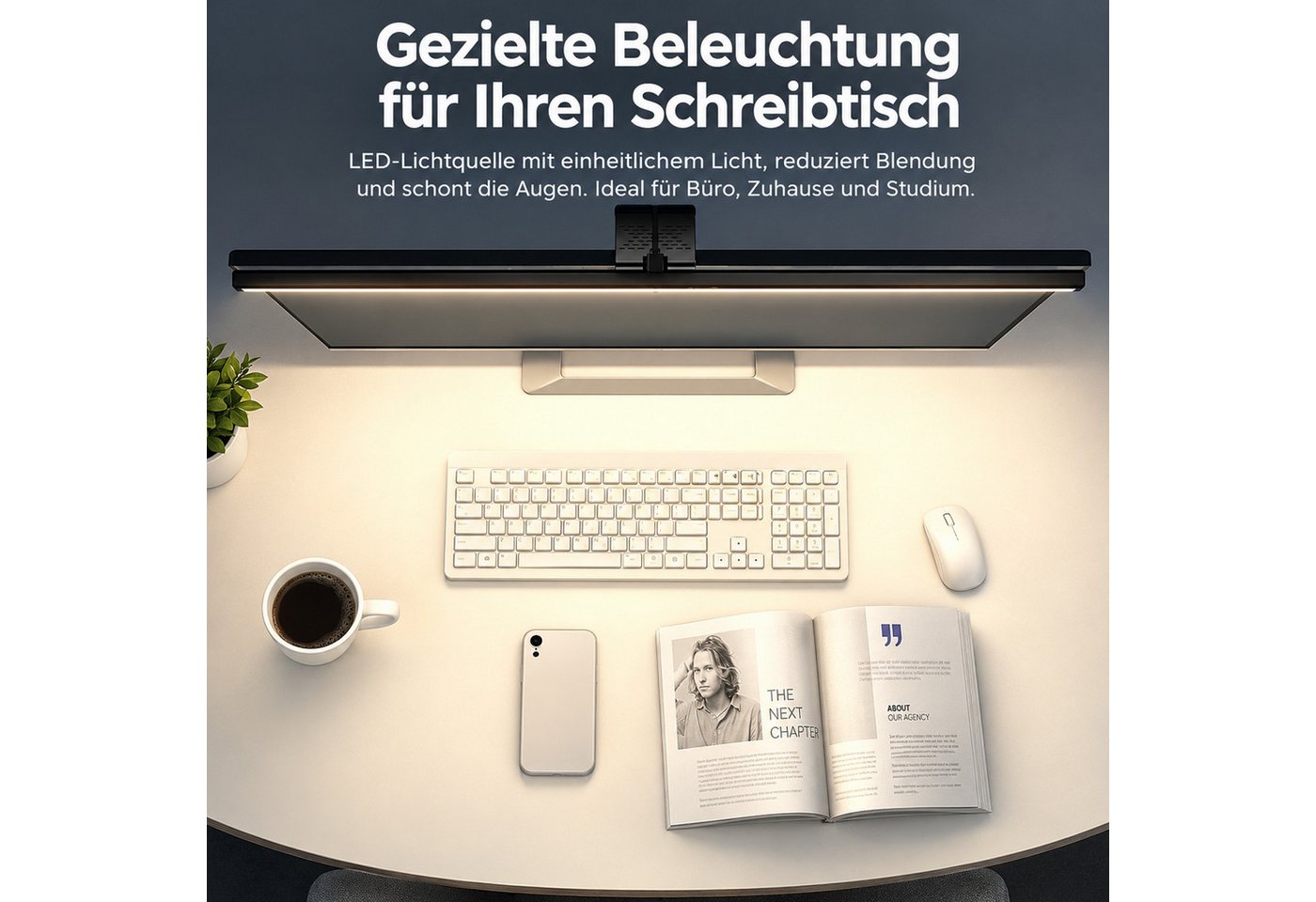 BOOD LED Schreibtischlampe Blendfreie Monitorleuchte für Schreibtisch, 3 Farbtemperaturen, USB, LED fest integriert, Naturweiß, Kaltweiß, Warmweiß, Drei Farbtemperaturen, stufenloses Dimmen, einfache Montage Bild 2