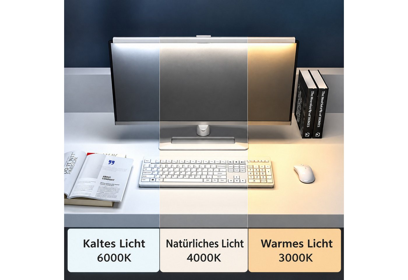 BOOD LED Schreibtischlampe Blendfreie Monitorleuchte für Schreibtisch, 3 Farbtemperaturen, USB, LED fest integriert, Naturweiß, Kaltweiß, Warmweiß, Drei Farbtemperaturen, stufenloses Dimmen, einfache Montage Bild 3