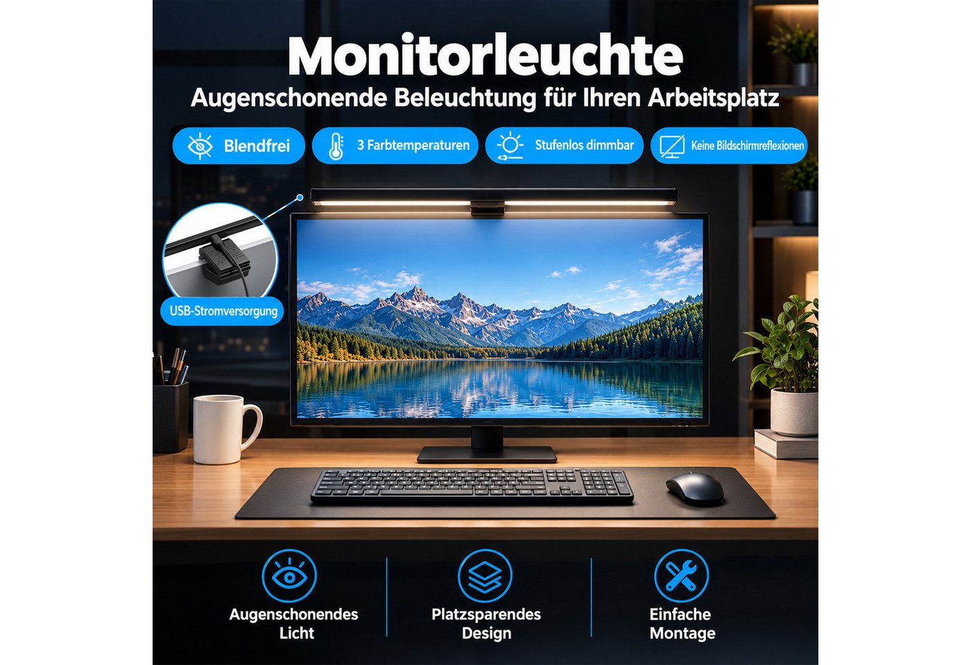 BOOD LED Schreibtischlampe Blendfreie Monitorleuchte für Schreibtisch, 3 Farbtemperaturen, USB, LED fest integriert, Naturweiß, Kaltweiß, Warmweiß, Drei Farbtemperaturen, stufenloses Dimmen, einfache Montage Bild 5