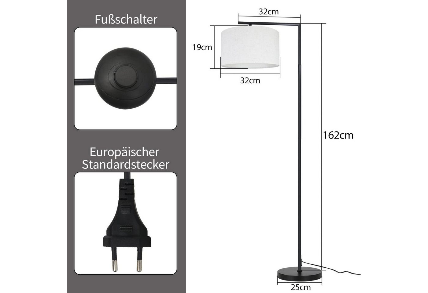 ZMH Stehlampe Wohnzimmer Stoffschirm Weiß/Schwarz E27 Schlafzimmer Flur Esszimmer, Hochwertige Material, ohne Leuchtmittel, Metall & Stoff,180° drehbar,bogenlampe,Stehleuchte für Büro Café Hotel Bild 5