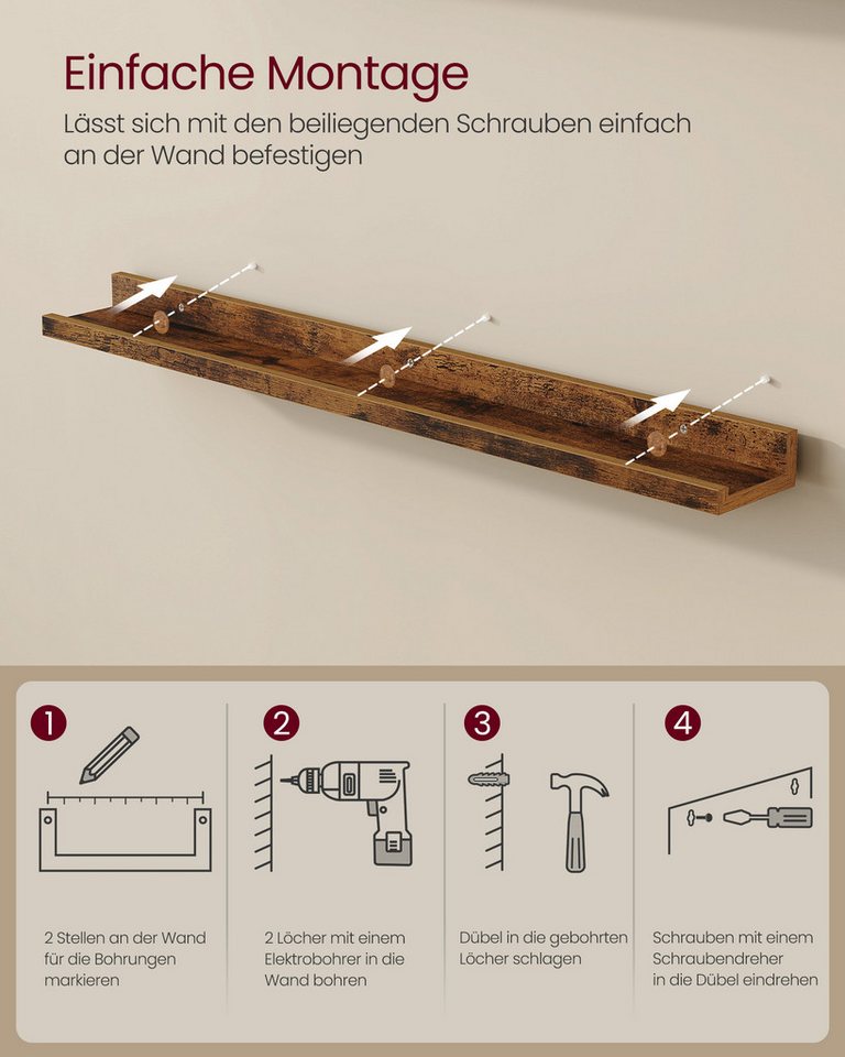 VASAGLE Wandregal Schweberegale, Gewürzgläser, für Küche, Wohnzimmer, Breite 80 cm, erhöhte Vorderkante, für Bilderrahmen, Dekoartikel Bild 3