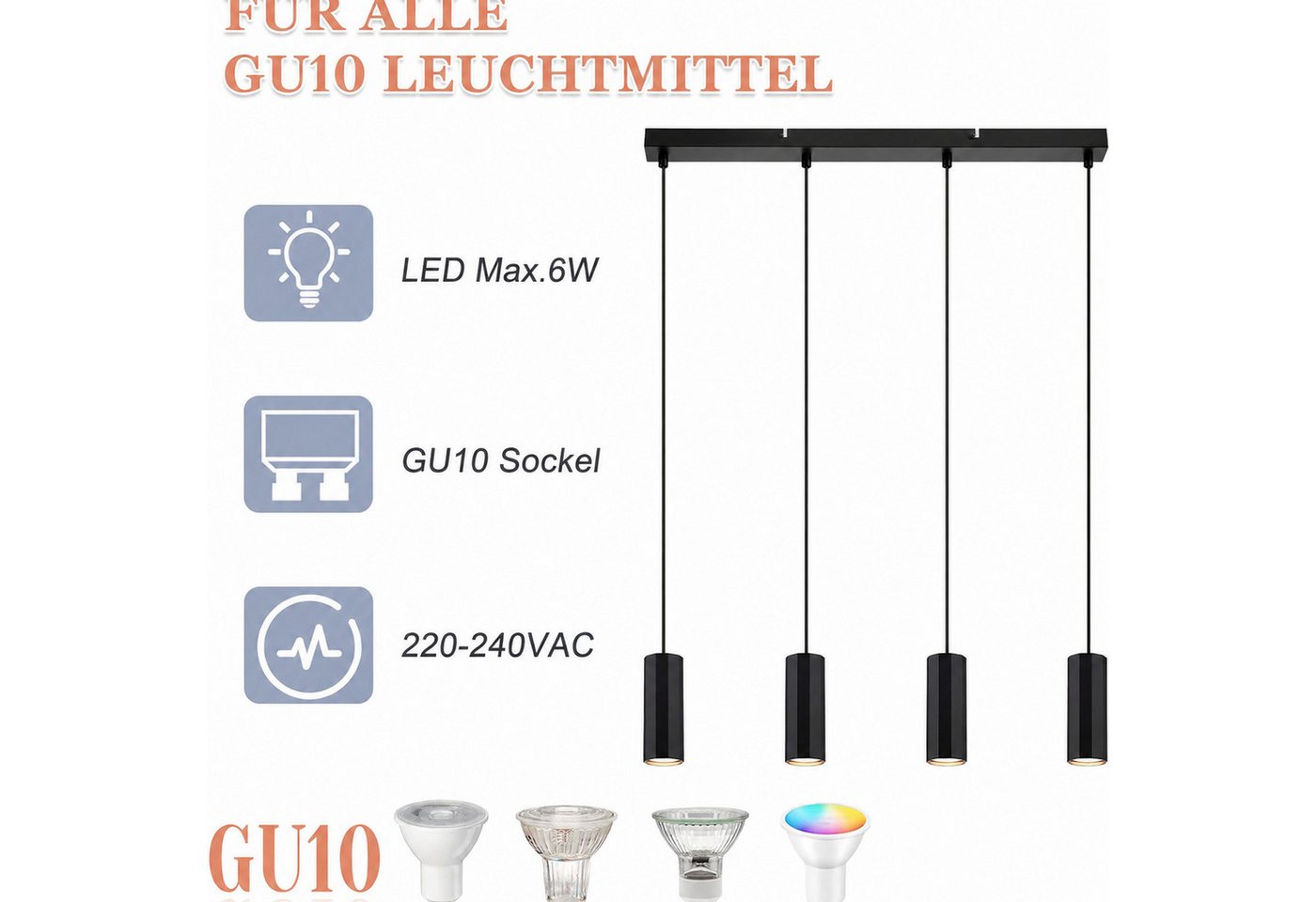 Nettlife Pendelleuchte 1/3/4flammig Schwarz Hängelampe GU10 Esstisch Wohnzimmer Retro, ohne Leuchtmittel, für Esszimmer Küche Flur Wohnzimmer Schlafzimmer Bild 2