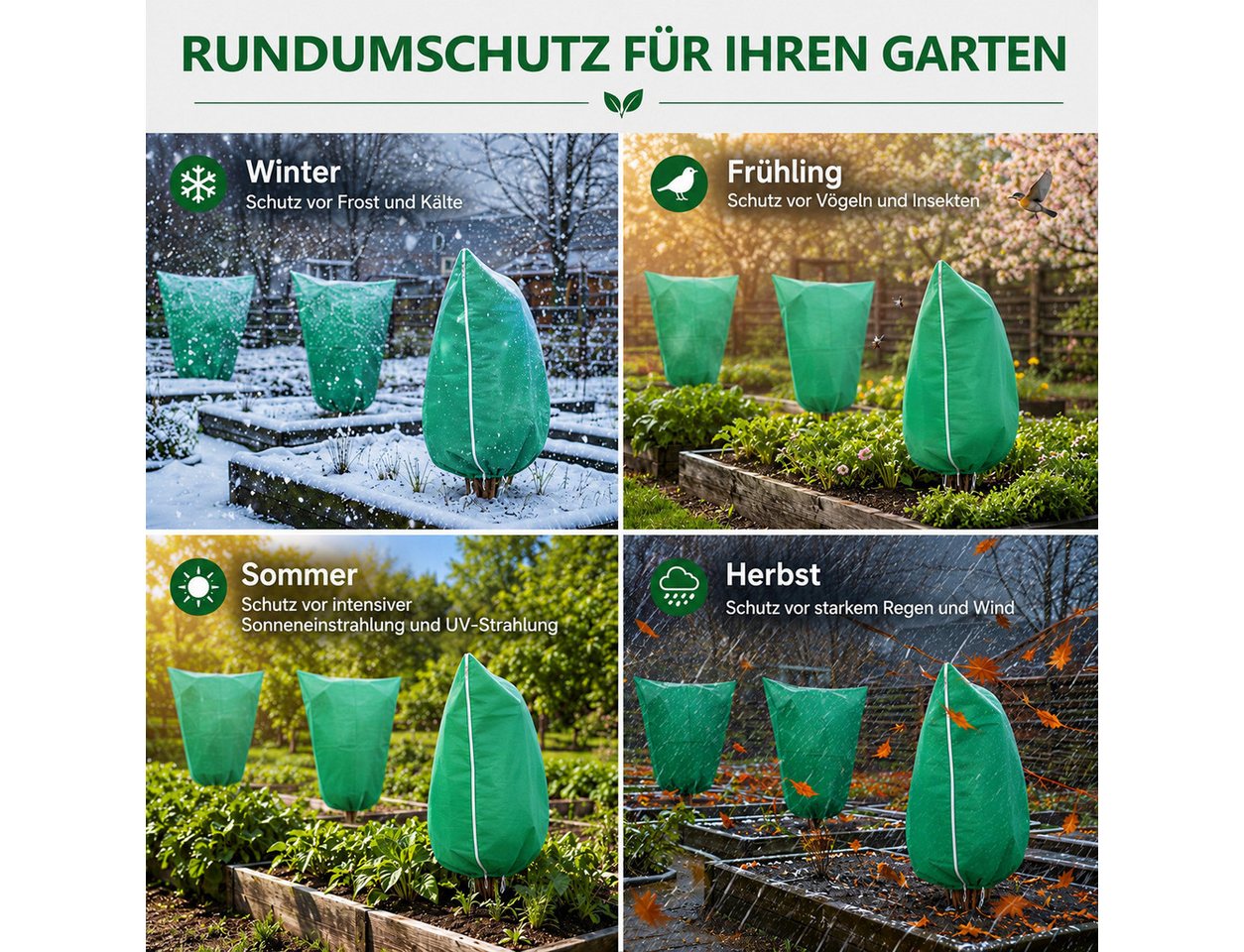 BlingBin Winterschutzhaube 5 Stück Pflanzenschutznetz mit Reißverschluss Zugband Vogelgartennetz (5er Set, 5-St., 120cm*180cm, Vlies 75 g/m², Atmungsaktiv), Winterschutz Kübelpflanzensack Schutzhülle