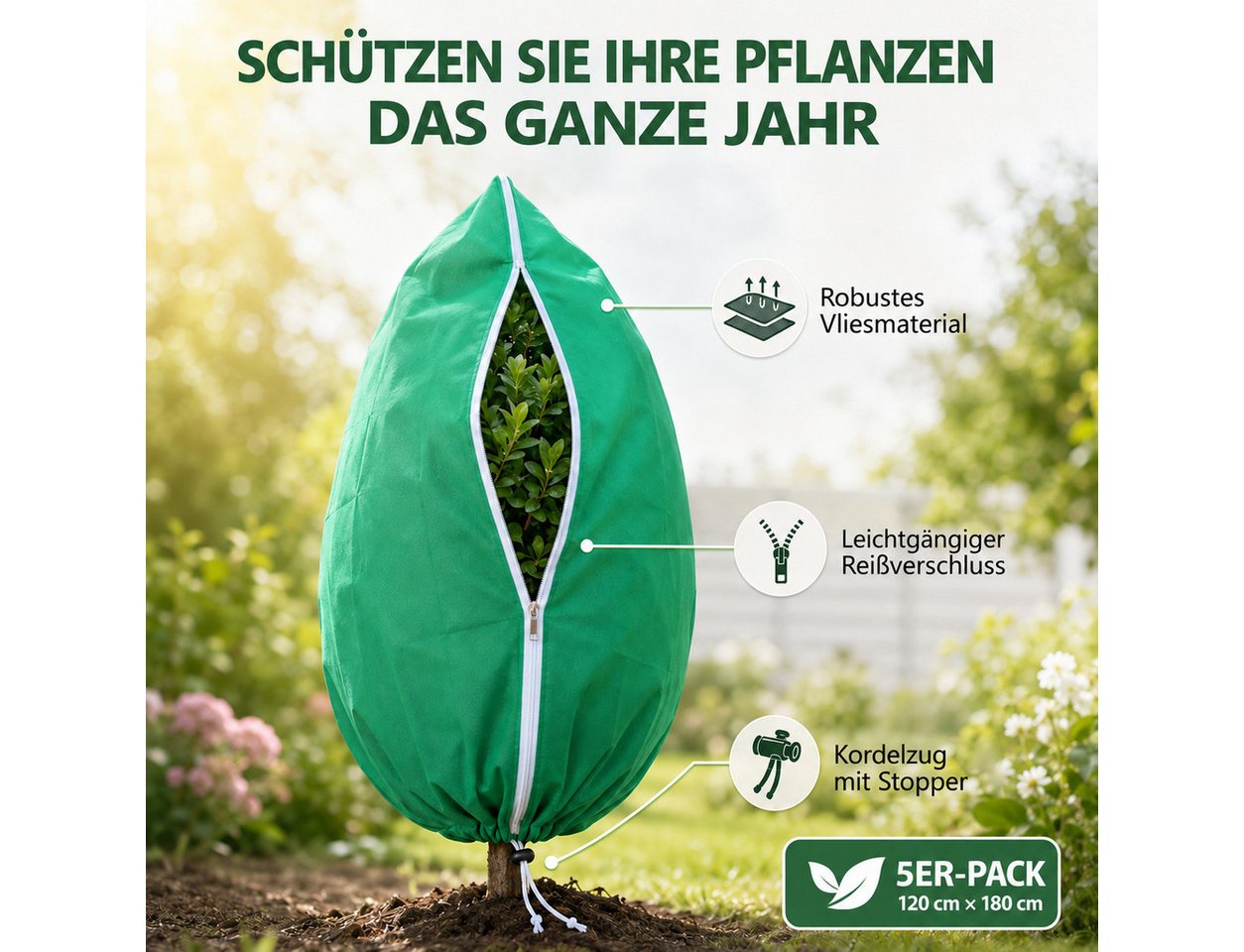 BlingBin Winterschutzhaube 5 Stück Pflanzenschutznetz mit Reißverschluss Zugband Vogelgartennetz (5er Set, 5-St., 120cm*180cm, Vlies 75 g/m², Atmungsaktiv), Winterschutz Kübelpflanzensack Schutzhülle Bild 4