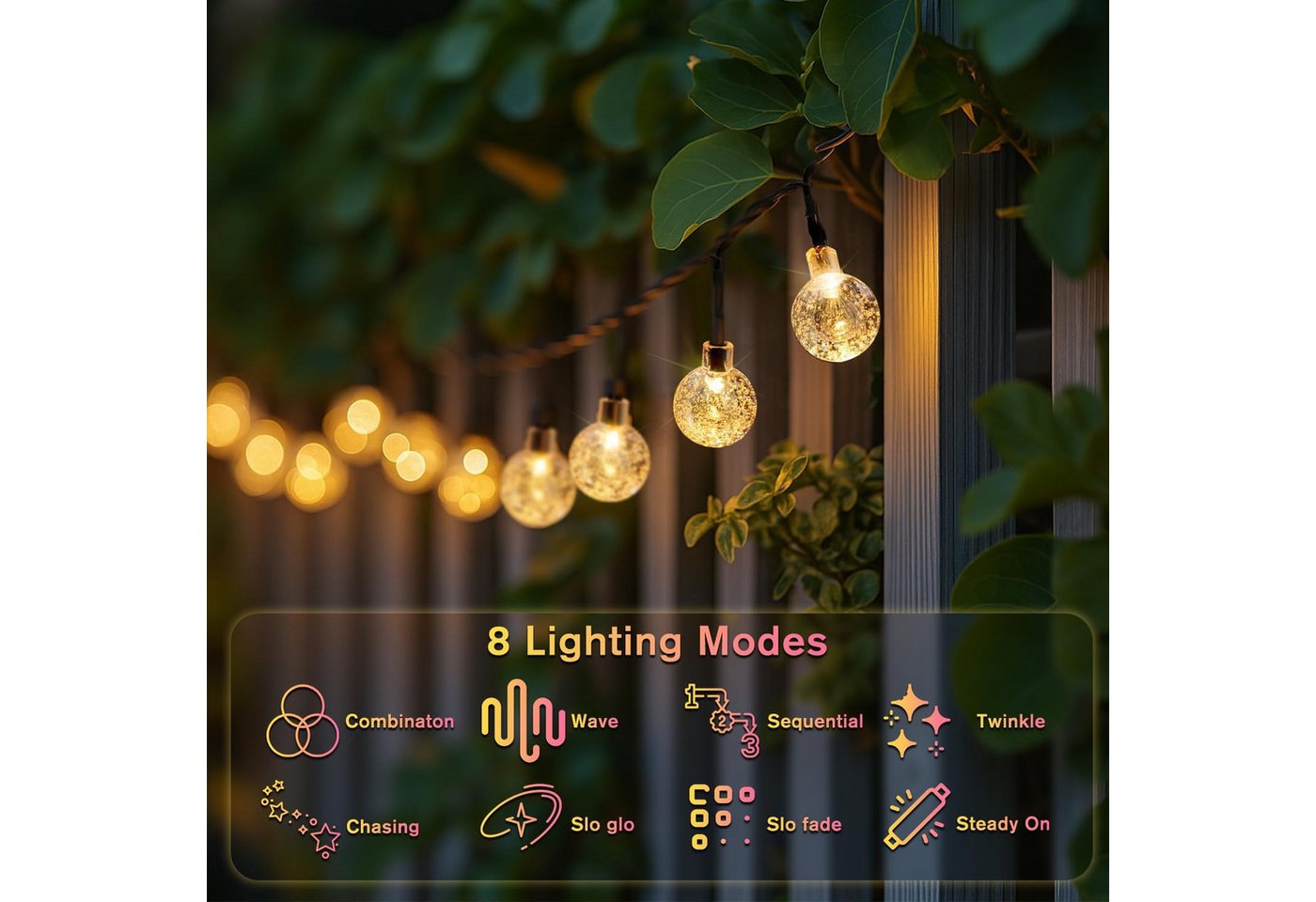 Toomoke LED Solarleuchte 12M LED Kugel-Lichterkette Außen Solar Gartenleuchte Weihnachtsdeko, warmweiß, 100 LEDs,8 modi, für Garten, Balkon und Terrasse