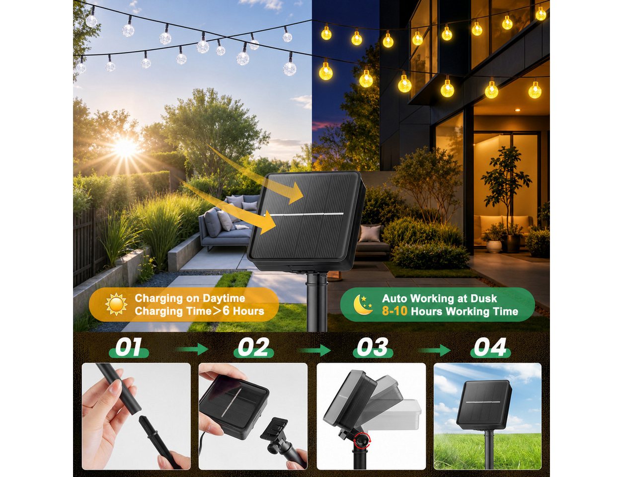 Toomoke LED Solarleuchte 12M LED Kugel-Lichterkette Außen Solar Gartenleuchte Weihnachtsdeko, warmweiß, 100 LEDs,8 modi, für Garten, Balkon und Terrasse Bild 3
