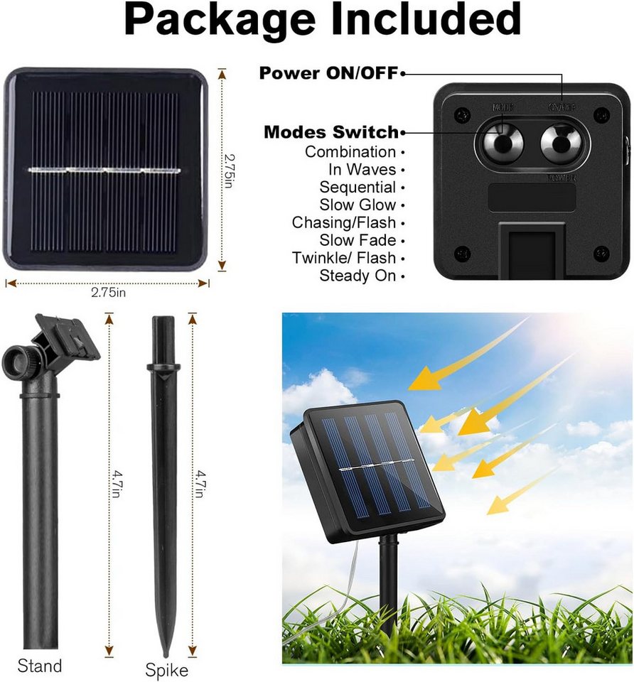 Toomoke LED Solarleuchte 12M LED Kugel-Lichterkette Außen Solar Gartenleuchte Weihnachtsdeko, warmweiß, 100 LEDs,8 modi, für Garten, Balkon und Terrasse Bild 5