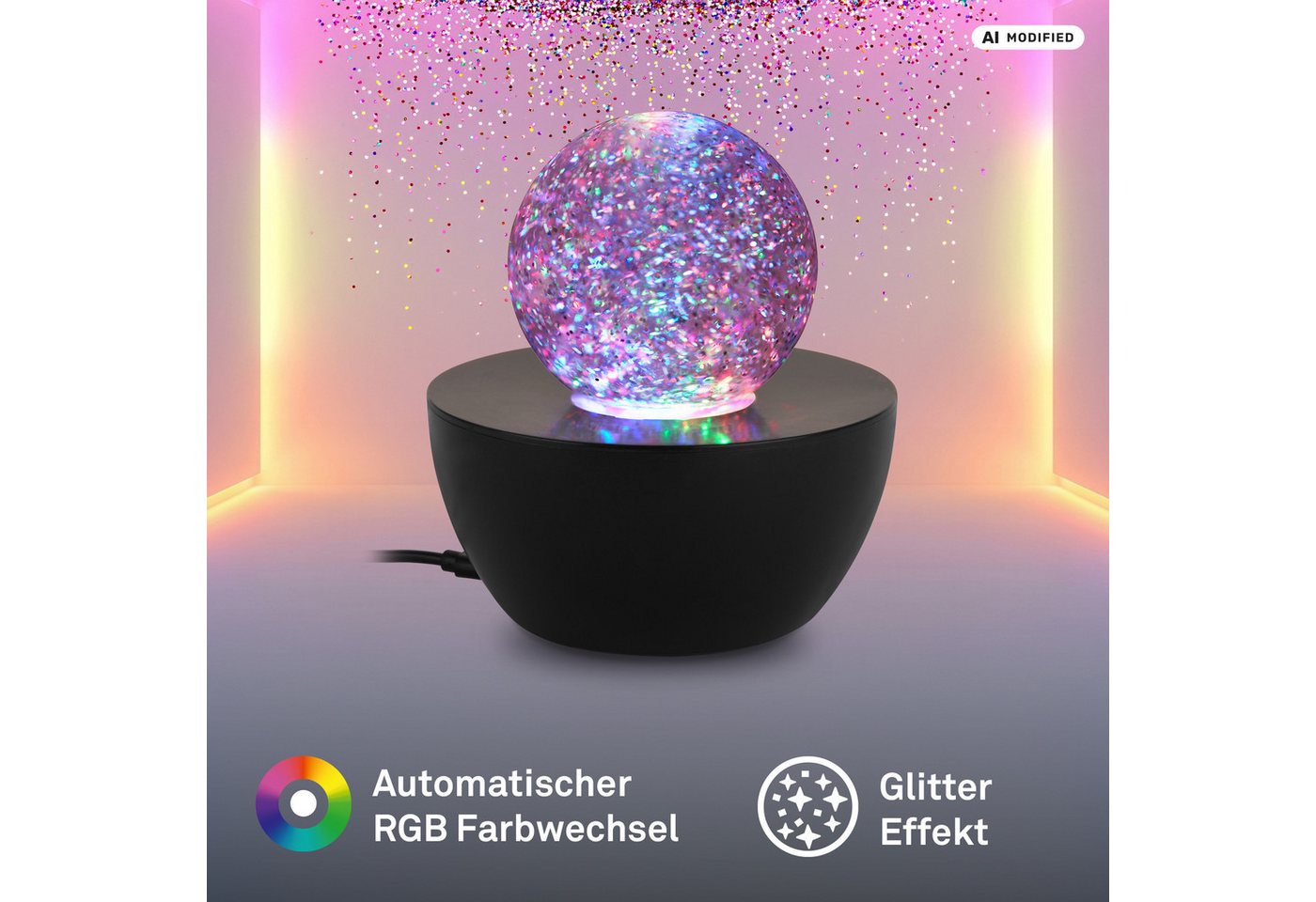 Briloner Leuchten LED Tischleuchte Deko Tischlampe mit Glitzerkugel oder Nebelkugel RGB, Glitzerkugel, LED fest integriert, RGB - Farbwechsler, 12x13,5 cm, Wohnzimmer, Schlafzimmer Bild 3