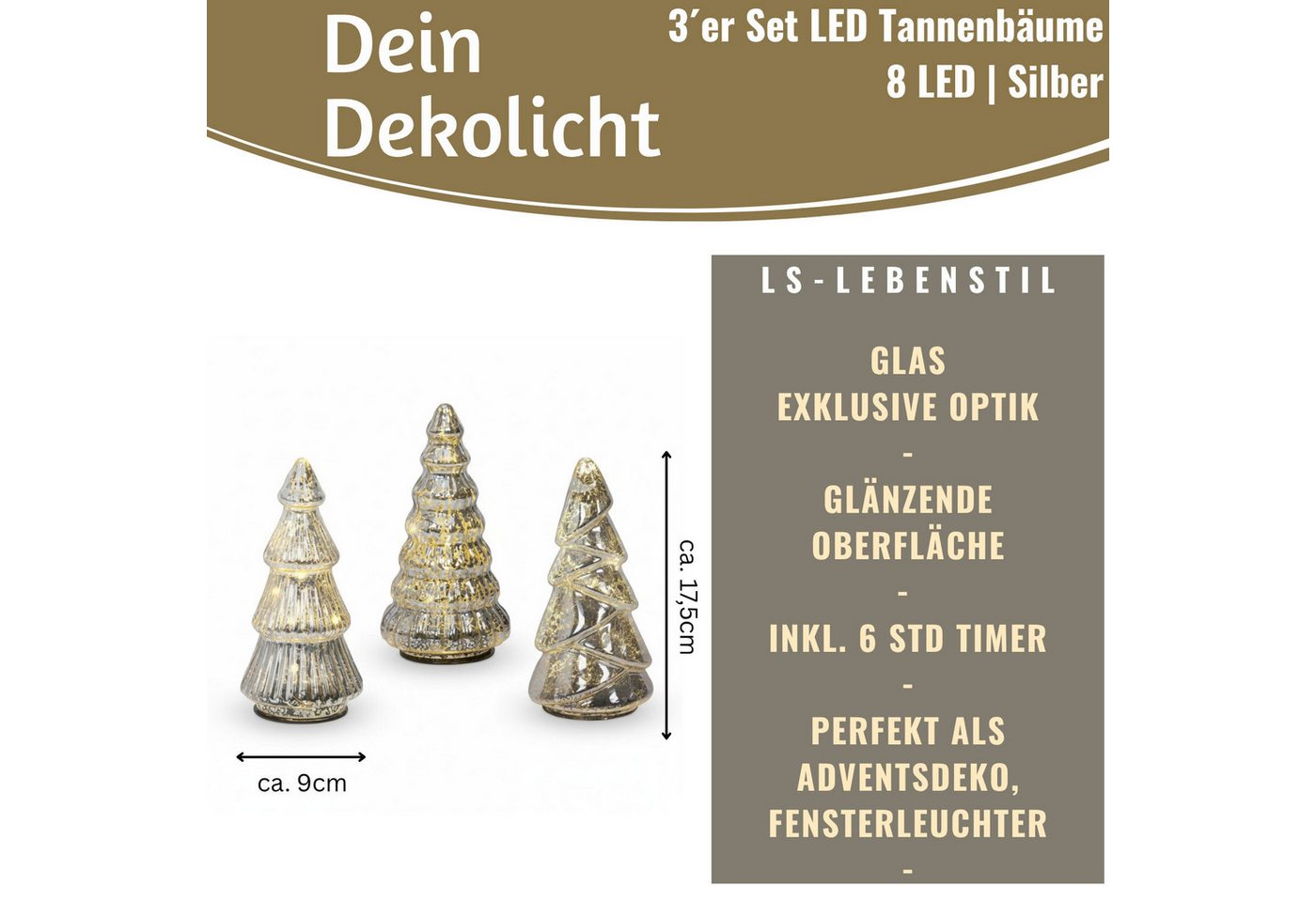 LS-LebenStil Lichterkette 3 Glas Tannenbaum 8 LED 15cm Silber Set Weihnachtsbaum Beleuchtet Time, 8-flammig, Xmas Dekolicht Fensterdekoration Weihnachtsbeleuchtung Weihnachtsdeko Bild 2