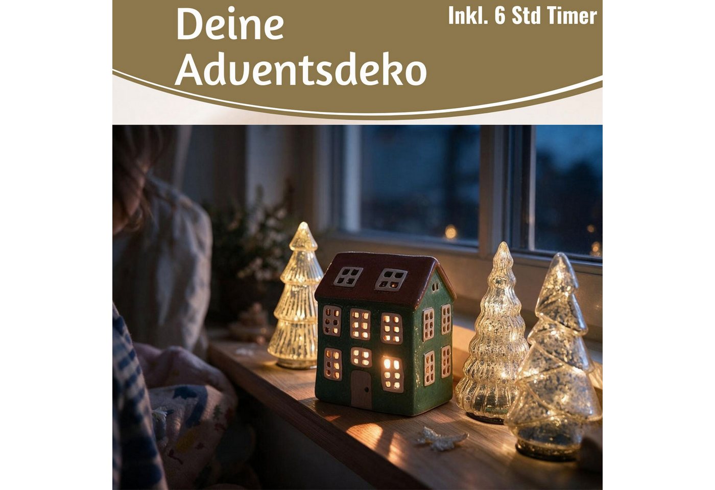 LS-LebenStil Lichterkette 3 Glas Tannenbaum 8 LED 15cm Silber Set Weihnachtsbaum Beleuchtet Time, 8-flammig, Xmas Dekolicht Fensterdekoration Weihnachtsbeleuchtung Weihnachtsdeko Bild 3