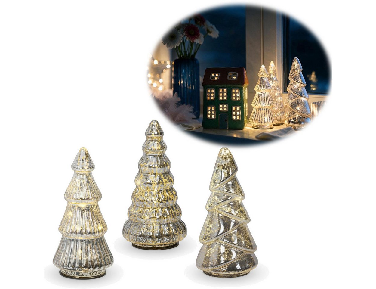 LS-LebenStil Lichterkette 3 Glas Tannenbaum 8 LED 15cm Silber Set Weihnachtsbaum Beleuchtet Time, 8-flammig, Xmas Dekolicht Fensterdekoration Weihnachtsbeleuchtung Weihnachtsdeko Bild 4