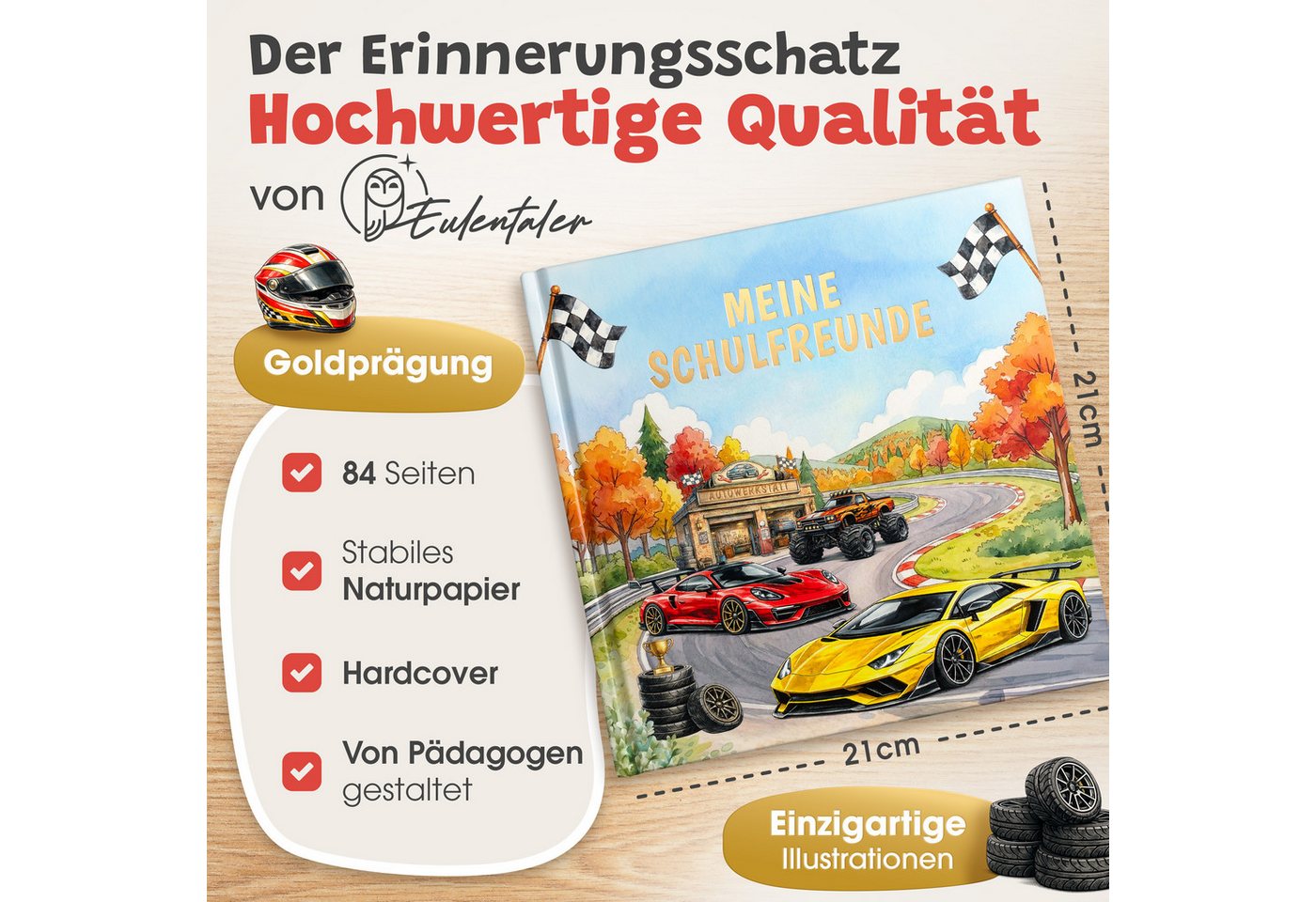 Eulentaler Freundebuch Schule Jungen Autos, Monstertrucks & Fußball, von Pädagogen gestaltet, Goldprägung, Platz für 30 Freunde