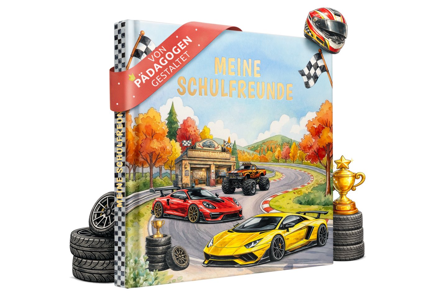 Eulentaler Freundebuch Schule Jungen Autos, Monstertrucks & Fußball, von Pädagogen gestaltet, Goldprägung, Platz für 30 Freunde Bild 2