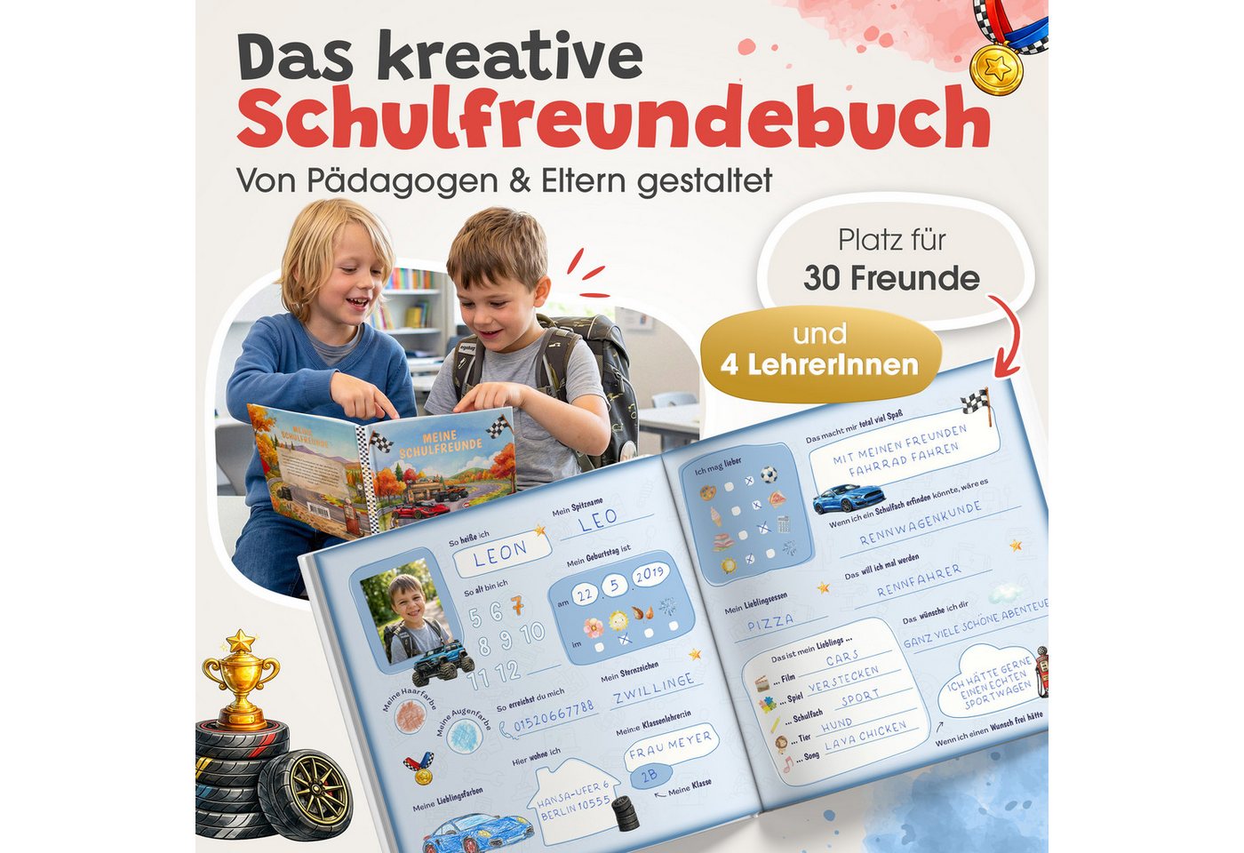 Eulentaler Freundebuch Schule Jungen Autos, Monstertrucks & Fußball, von Pädagogen gestaltet, Goldprägung, Platz für 30 Freunde Bild 3