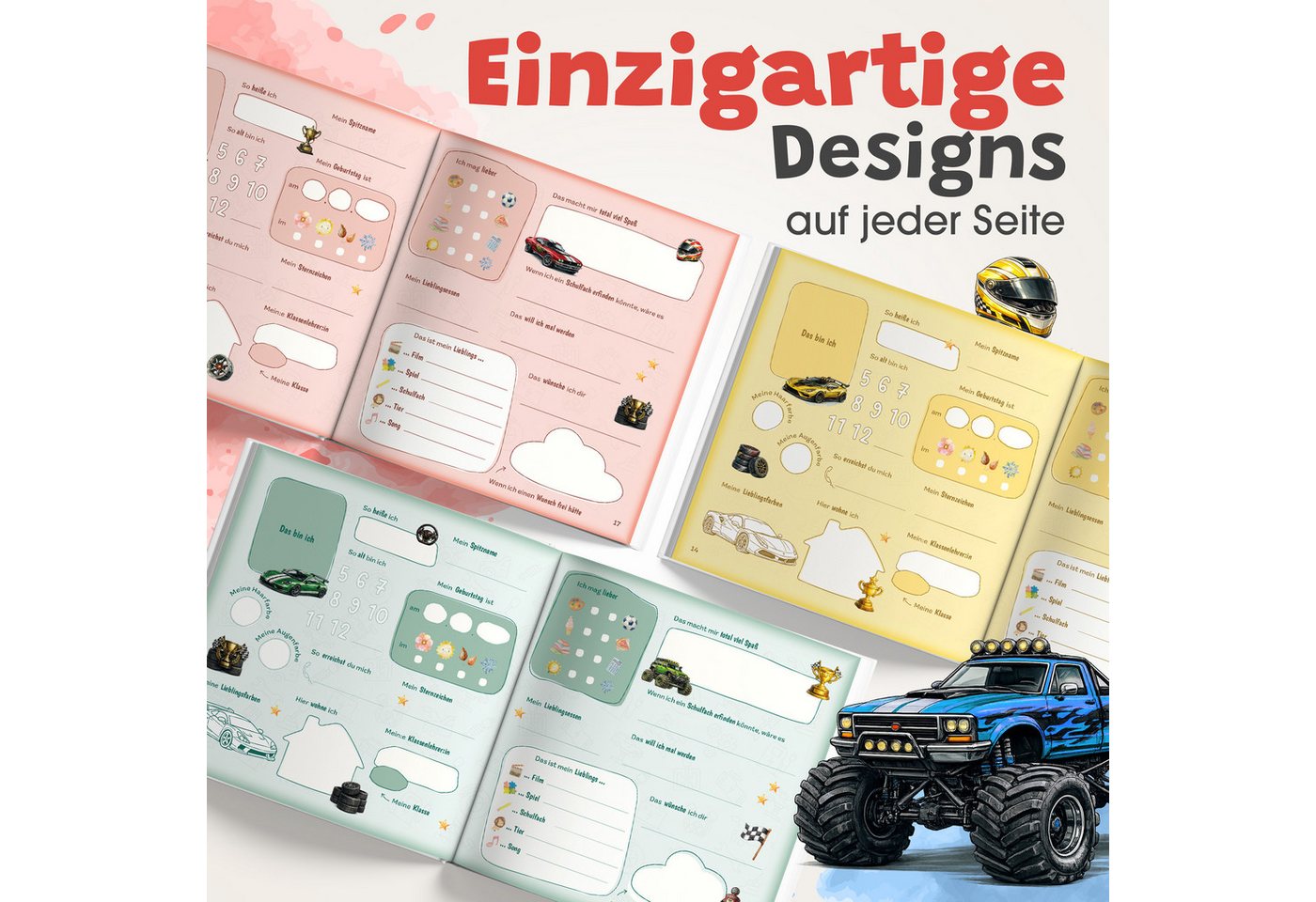 Eulentaler Freundebuch Schule Jungen Autos, Monstertrucks & Fußball, von Pädagogen gestaltet, Goldprägung, Platz für 30 Freunde Bild 5