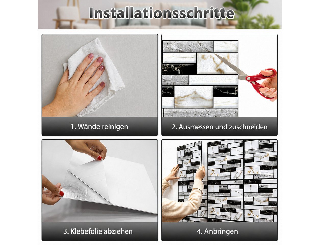 BlingBin 3D Wandpaneel 10 Stück Selbstklebend Tapete Wandaufkleber Steinoptik, 0,09 qm, (10er Set, 10-tlg., 30*30cm) wasserfest, einfache Selbstmontage für Badezimmer Schlafzimmer Küche