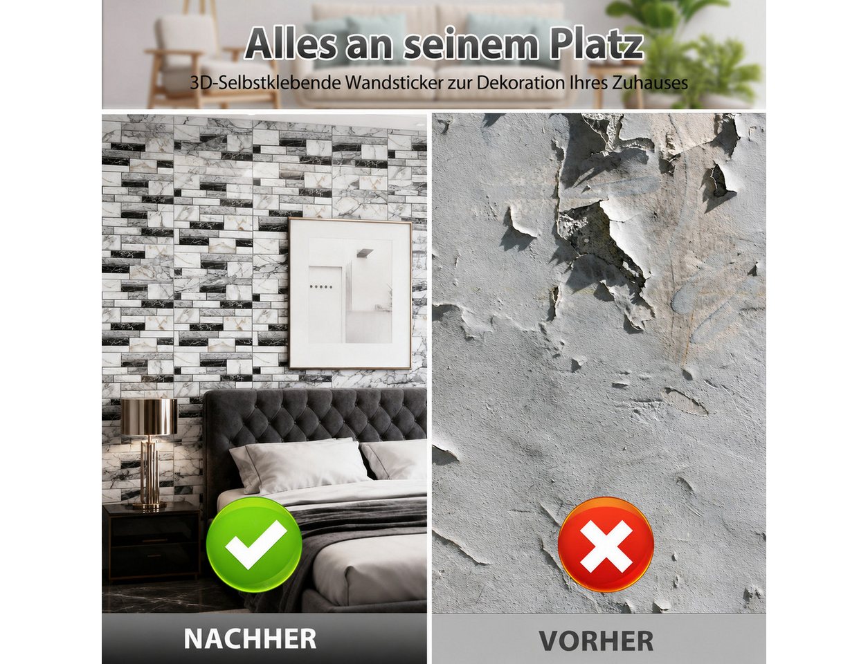 BlingBin 3D Wandpaneel 10 Stück Selbstklebend Tapete Wandaufkleber Steinoptik, 0,09 qm, (10er Set, 10-tlg., 30*30cm) wasserfest, einfache Selbstmontage für Badezimmer Schlafzimmer Küche Bild 3