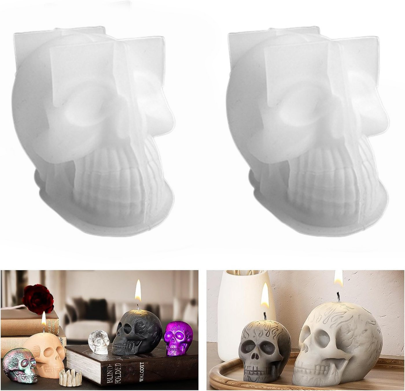 Bomiclss Silikonform 3D Totenkopf Silikonform Kerze, Halloween Kerzenhalter-Gießform, (4-tlg)