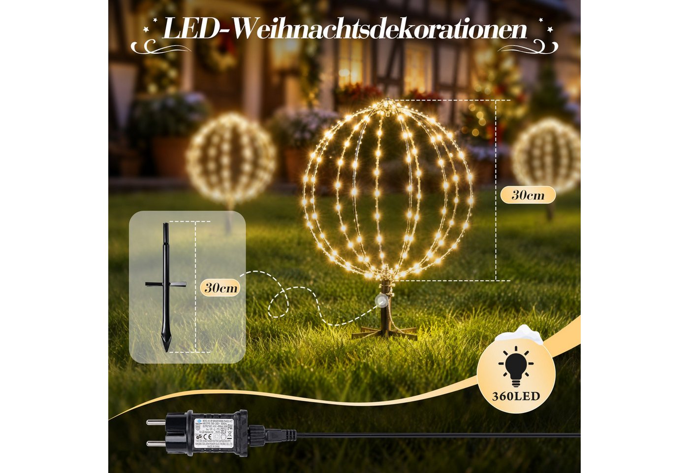 Salcar LED Kugelleuchte LED Garten Weihnachtsdeko Außen Kugel Lichter Ø30cm Leuchtkugel Metall, LED fest integriert, Weihnachtsbeleuchtung mit Timer, Speicherfunktion, 8 Modi, 3 Stück Bild 4
