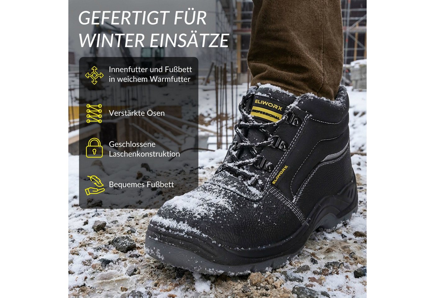 ELIWORX S3 SR Winter Schuh mit Stahlkappe - echtes Leder, Arbeitsschuhe Herren Sicherheitsschuh Nach EN ISO 20345:2022 - Gefüttert - Durchtrittsicher - Rutschhemmend