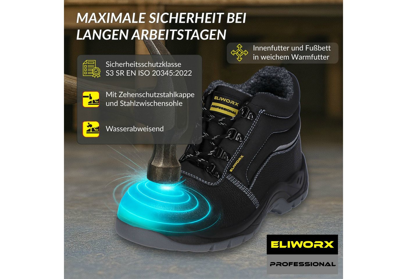 ELIWORX S3 SR Winter Schuh mit Stahlkappe - echtes Leder, Arbeitsschuhe Herren Sicherheitsschuh Nach EN ISO 20345:2022 - Gefüttert - Durchtrittsicher - Rutschhemmend Bild 3