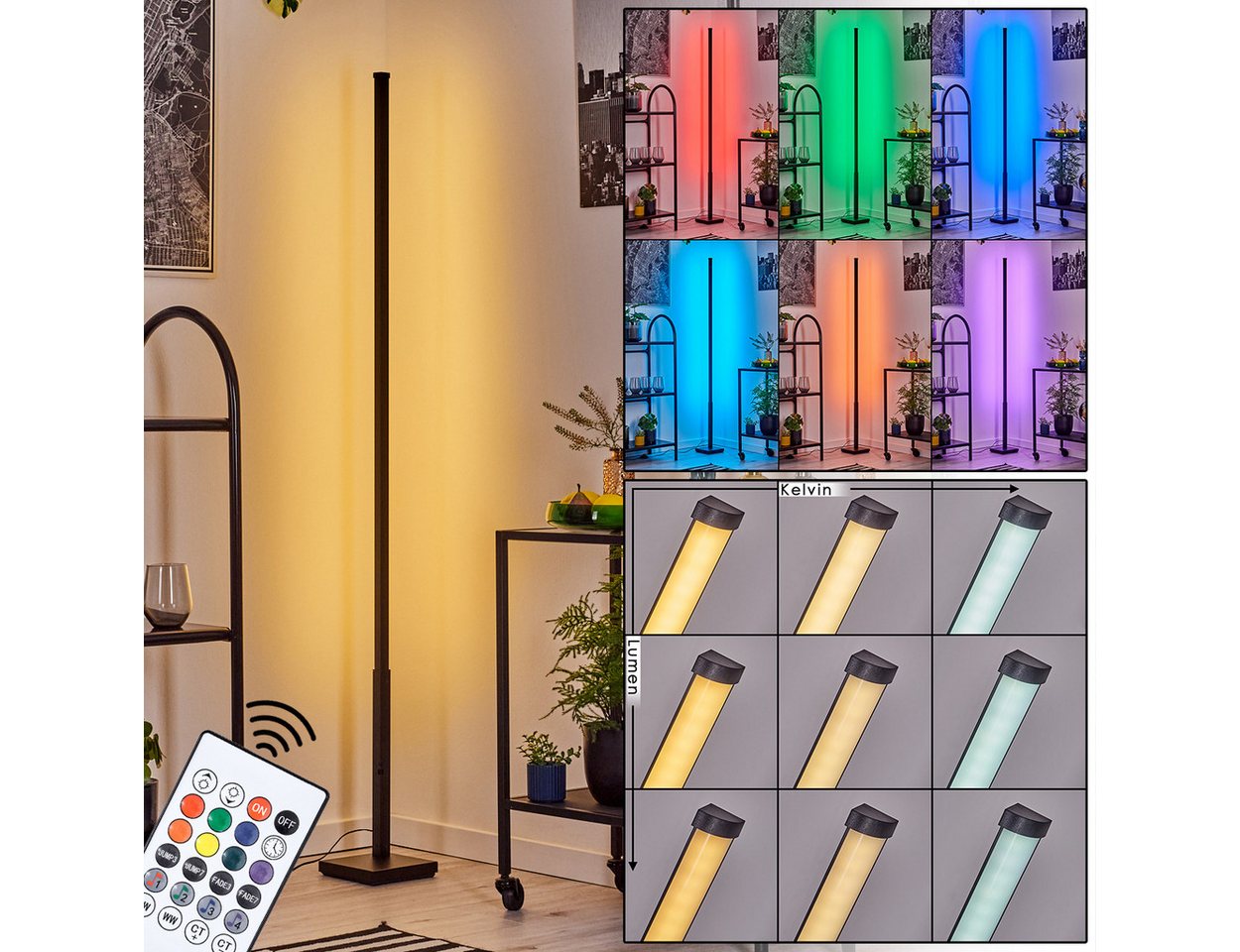 hofstein Stehlampe Stehlampe aus Metall/Kunststoff in Schwarz/Weiß, LED wechselbar, Stehleuchte mit Farbwechsler, Fußschalter, Fernbedienung, Kelvin CCT