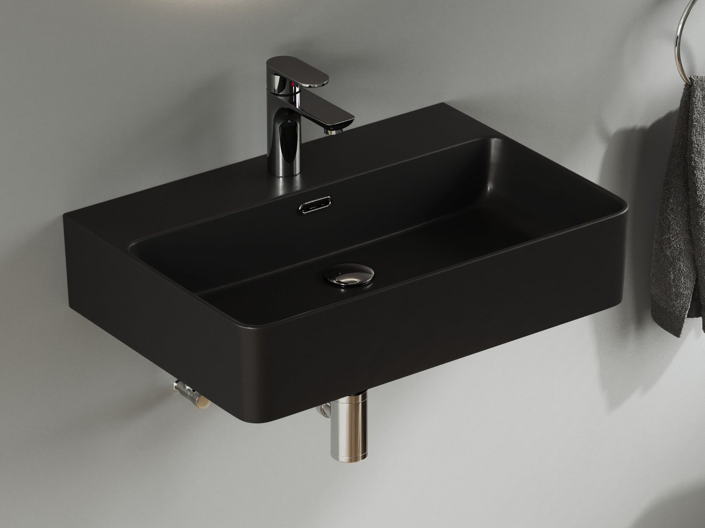 Aqua Bagno Waschbecken Waschbecken schwarz matt 61cm eckig Wandmontage Aufsatzwaschbecken (Keramikwaschbecken matt Schwarz, pflegeleicht & hygienische Oberfläche, 1-St., Handwaschbecken, Waschtischbecken mit Hahnlochbohrung und Überlauf), Auftischwaschbecken Bild 2