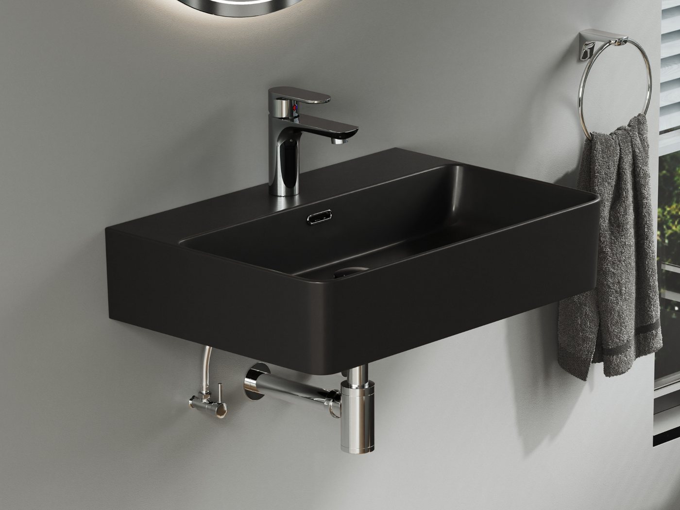 Aqua Bagno Waschbecken Waschbecken schwarz matt 61cm eckig Wandmontage Aufsatzwaschbecken (Keramikwaschbecken matt Schwarz, pflegeleicht & hygienische Oberfläche, 1-St., Handwaschbecken, Waschtischbecken mit Hahnlochbohrung und Überlauf), Auftischwaschbecken Bild 3