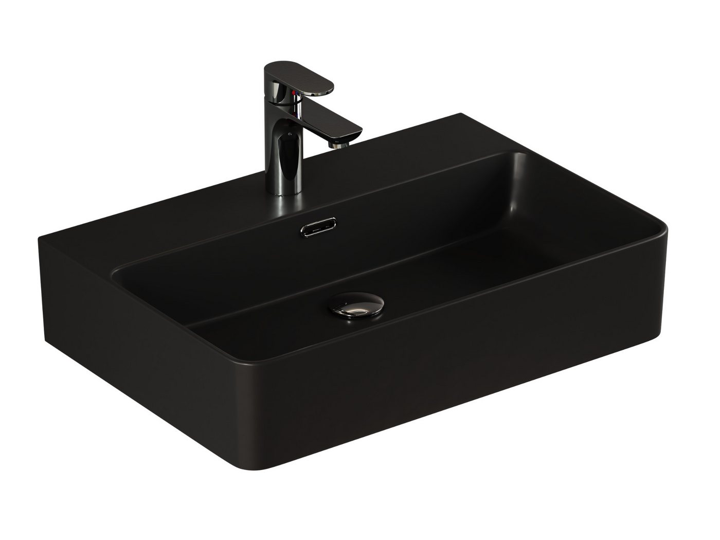 Aqua Bagno Waschbecken Waschbecken schwarz matt 61cm eckig Wandmontage Aufsatzwaschbecken (Keramikwaschbecken matt Schwarz, pflegeleicht & hygienische Oberfläche, 1-St., Handwaschbecken, Waschtischbecken mit Hahnlochbohrung und Überlauf), Auftischwaschbecken Bild 4