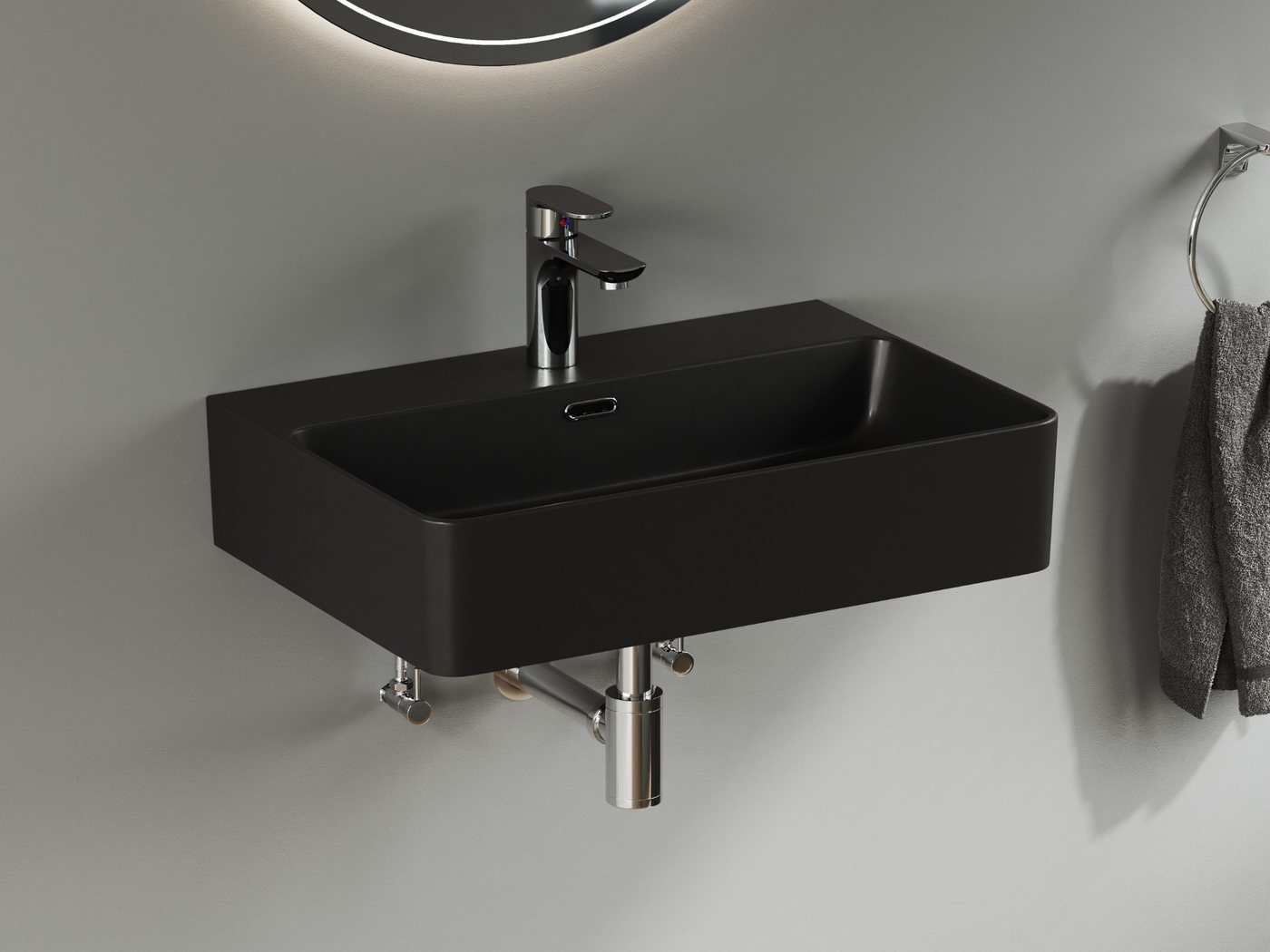 Aqua Bagno Waschbecken Waschbecken schwarz matt 61cm eckig Wandmontage Aufsatzwaschbecken (Keramikwaschbecken matt Schwarz, pflegeleicht & hygienische Oberfläche, 1-St., Handwaschbecken, Waschtischbecken mit Hahnlochbohrung und Überlauf), Auftischwaschbecken Bild 5