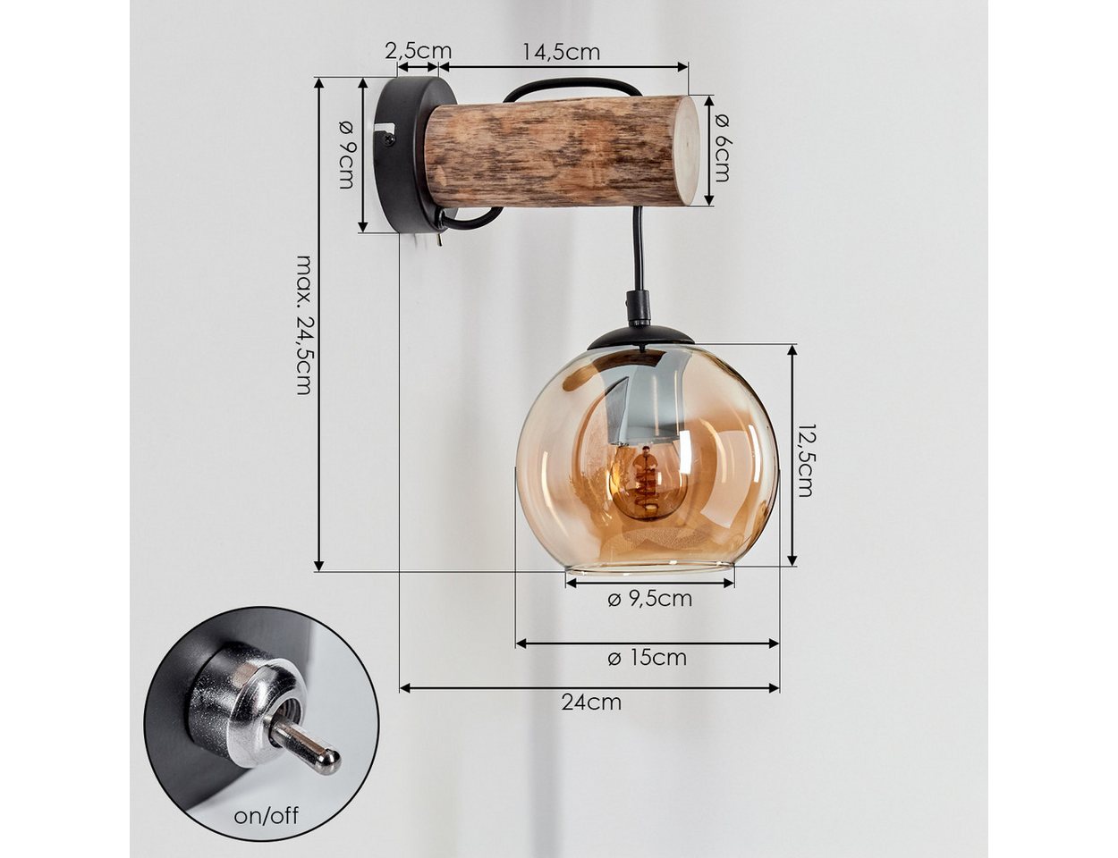 hofstein Wandleuchte 2-er Set Wandlampe aus Metall/Holz/Glas in Schwarz/Natur/Bernstein, moderne Wandleuchte im Retro-Design (15cm), Schalter am Gehäuse, E27 Bild 2