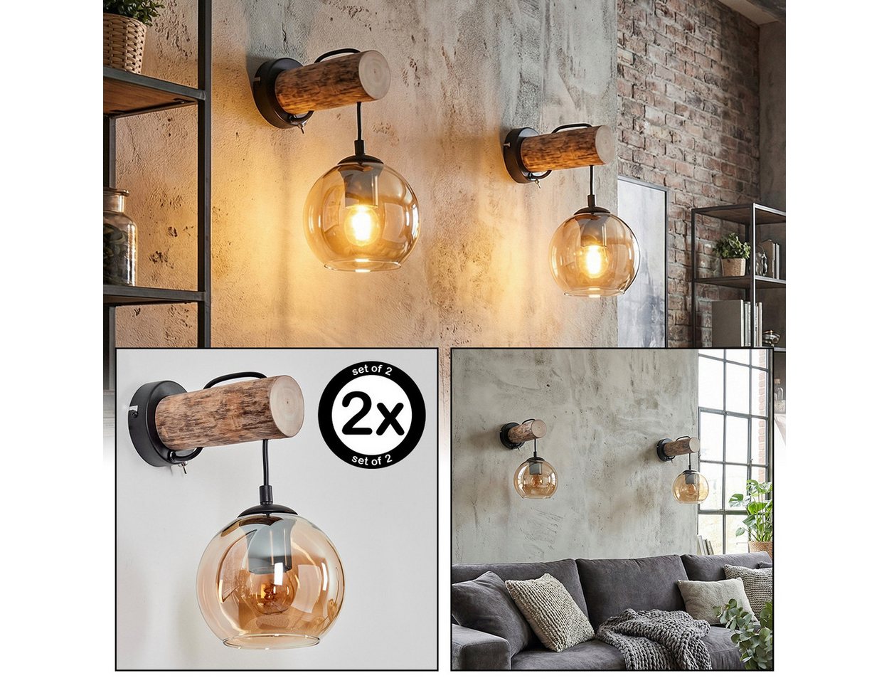 hofstein Wandleuchte 2-er Set Wandlampe aus Metall/Holz/Glas in Schwarz/Natur/Bernstein, moderne Wandleuchte im Retro-Design (15cm), Schalter am Gehäuse, E27 Bild 3
