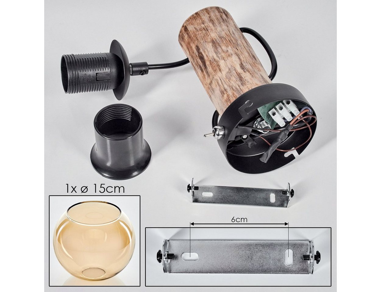 hofstein Wandleuchte 2-er Set Wandlampe aus Metall/Holz/Glas in Schwarz/Natur/Bernstein, moderne Wandleuchte im Retro-Design (15cm), Schalter am Gehäuse, E27 Bild 4
