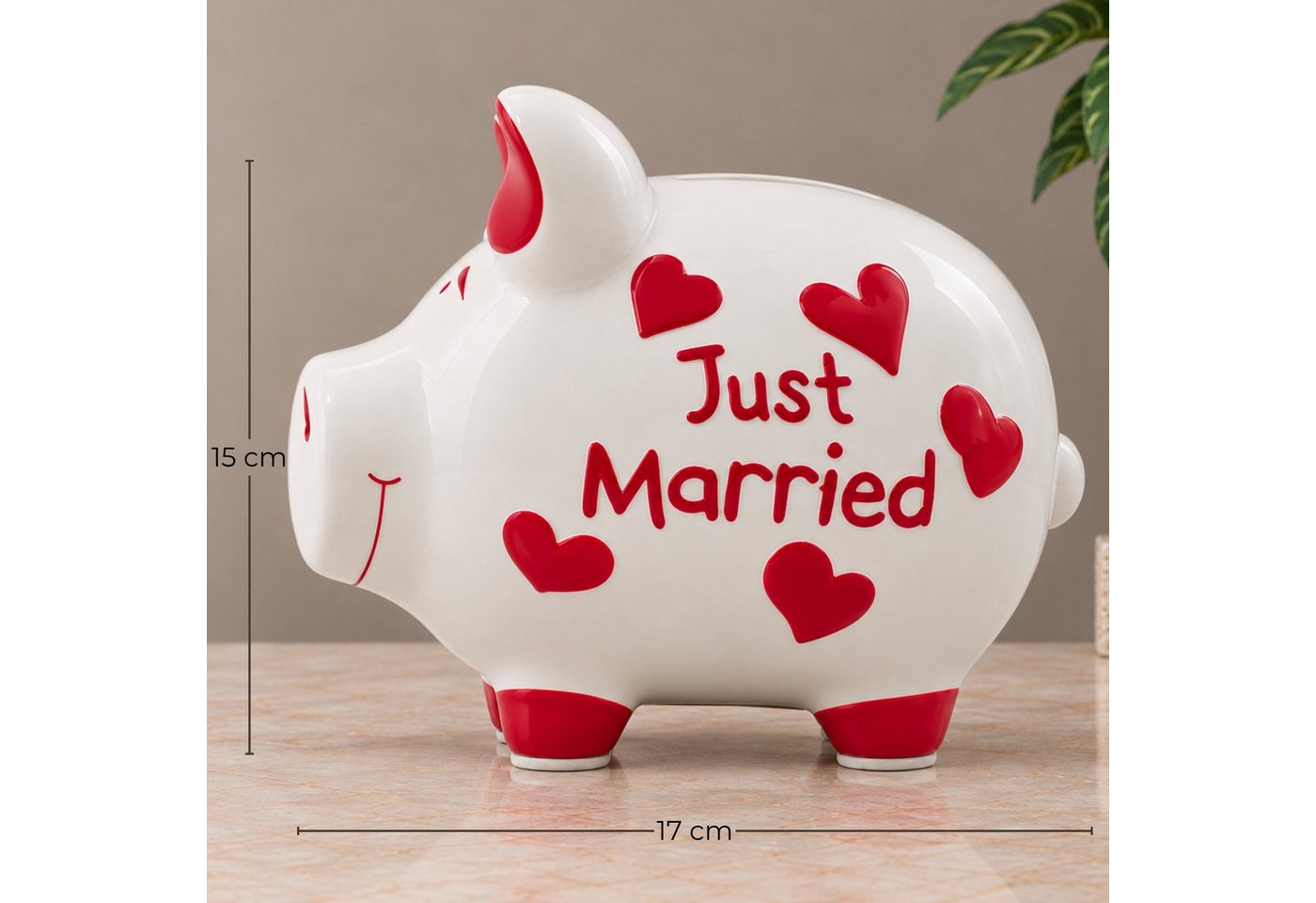 matches21 HOME & HOBBY Bilderrahmen Große Hochzeit Spardose Sparschwein JUST MARRIED weiß, rot 17 cm, Keramik Sparbüchse - Gummistopfen zum Öffnen