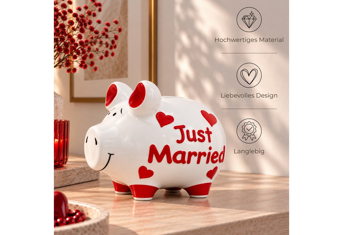 matches21 HOME & HOBBY Bilderrahmen Große Hochzeit Spardose Sparschwein JUST MARRIED weiß, rot 17 cm, Keramik Sparbüchse - Gummistopfen zum Öffnen Bild 3