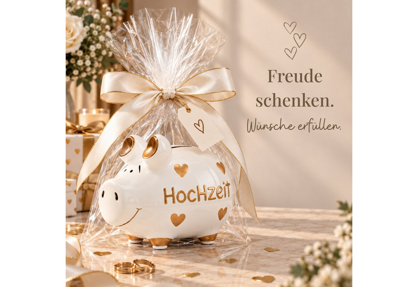 matches21 HOME & HOBBY Bilderrahmen Große Hochzeit Spardose Sparschwein JUST MARRIED weiß, rot 17 cm, Keramik Sparbüchse - Gummistopfen zum Öffnen Bild 4