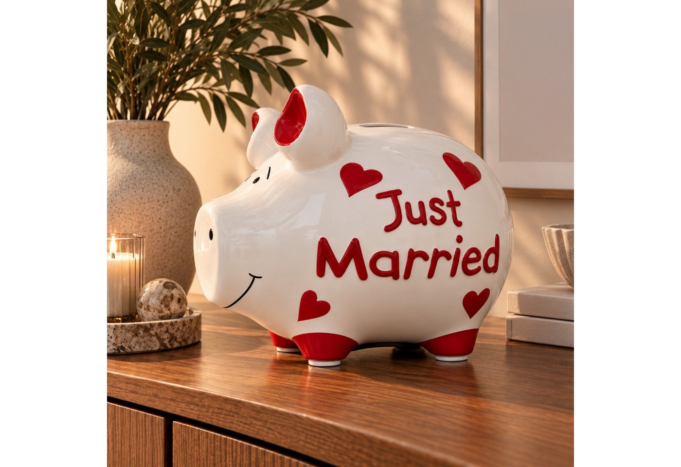 matches21 HOME & HOBBY Bilderrahmen Große Hochzeit Spardose Sparschwein JUST MARRIED weiß, rot 17 cm, Keramik Sparbüchse - Gummistopfen zum Öffnen Bild 5