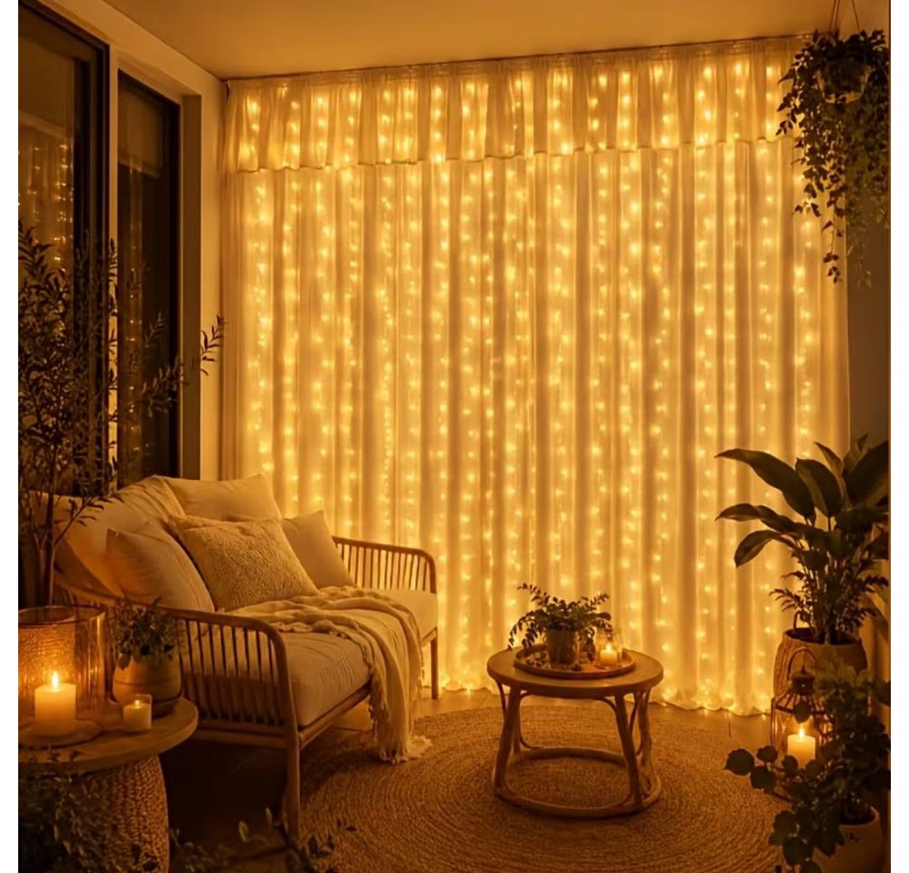 Wrischan LED-Lichtervorhang LED-Lichtvorhang, warmweiße LEDs, ohne Fernbedienung, 8 Modi, 300 LEDs, 8 Modi, Timer, dimmbar, IP65