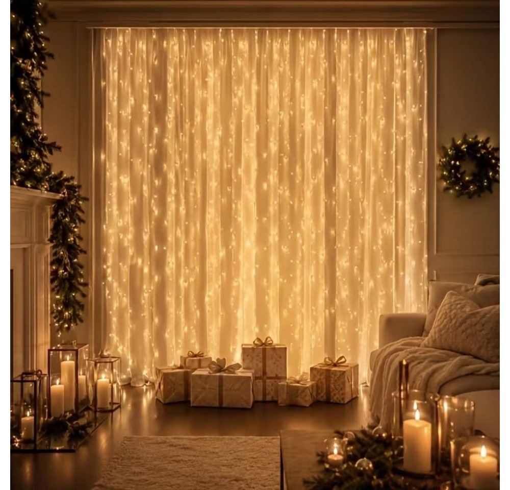 Wrischan LED-Lichtervorhang LED-Lichtvorhang, warmweiße LEDs, ohne Fernbedienung, 8 Modi, 300 LEDs, 8 Modi, Timer, dimmbar, IP65 Bild 2