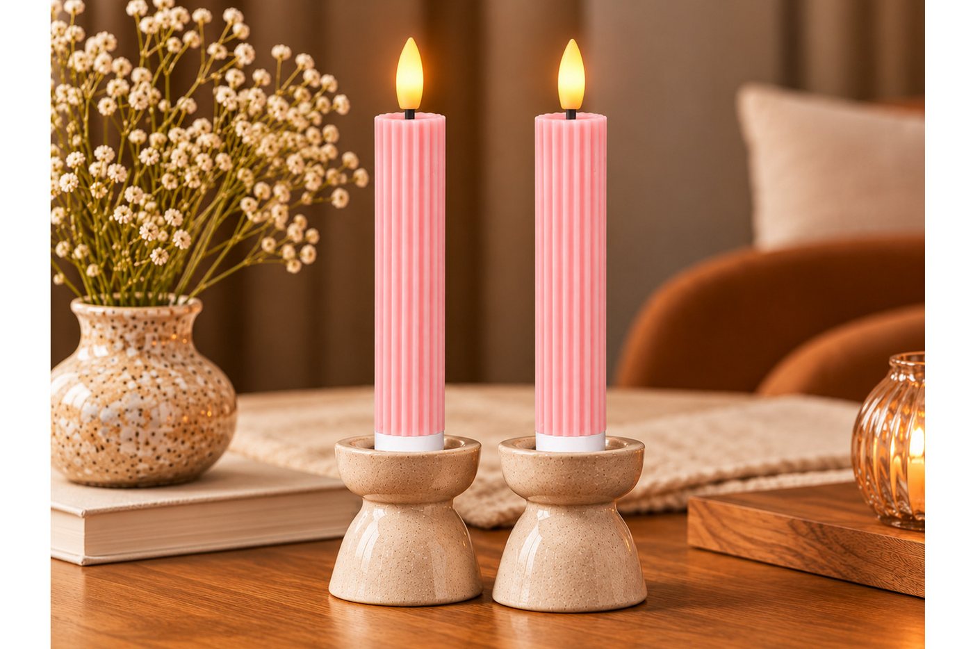 dasmöbelwerk LED-Kerze LED-Stabkerzen 2er Set Ø2,2x15,5 cm Dinnerkerze Riffel Timer Rosa, Leuchtmittel nicht enthalten Bild 3