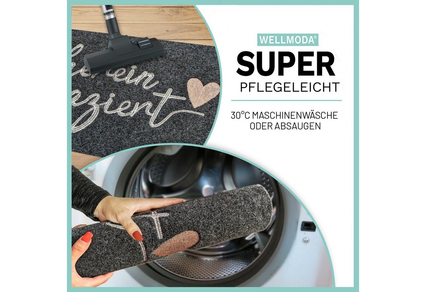 WELLMODA Fußmatte „Hereinspaziert“ genähter Schriftzug, grau, 40 x 60 cm, waschbar, Rechteckig, Höhe: 6 mm, rutschfest, schnelltrocknend, Geschenkidee