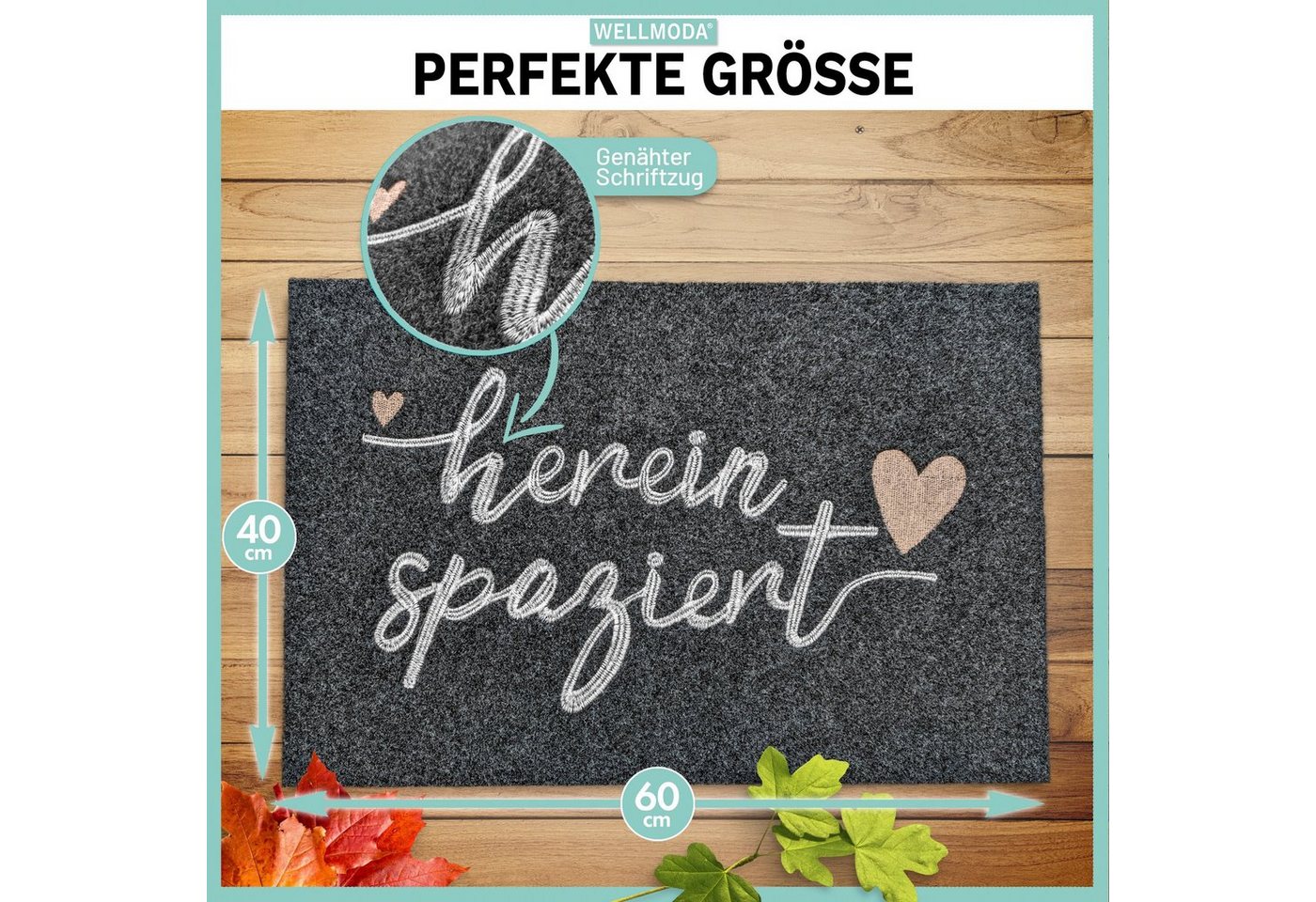 WELLMODA Fußmatte „Hereinspaziert“ genähter Schriftzug, grau, 40 x 60 cm, waschbar, Rechteckig, Höhe: 6 mm, rutschfest, schnelltrocknend, Geschenkidee Bild 2
