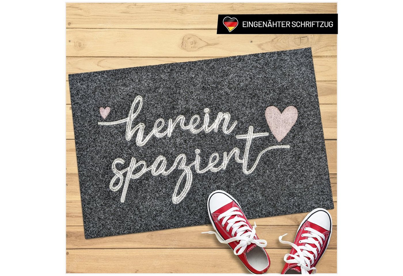 WELLMODA Fußmatte „Hereinspaziert“ genähter Schriftzug, grau, 40 x 60 cm, waschbar, Rechteckig, Höhe: 6 mm, rutschfest, schnelltrocknend, Geschenkidee Bild 3