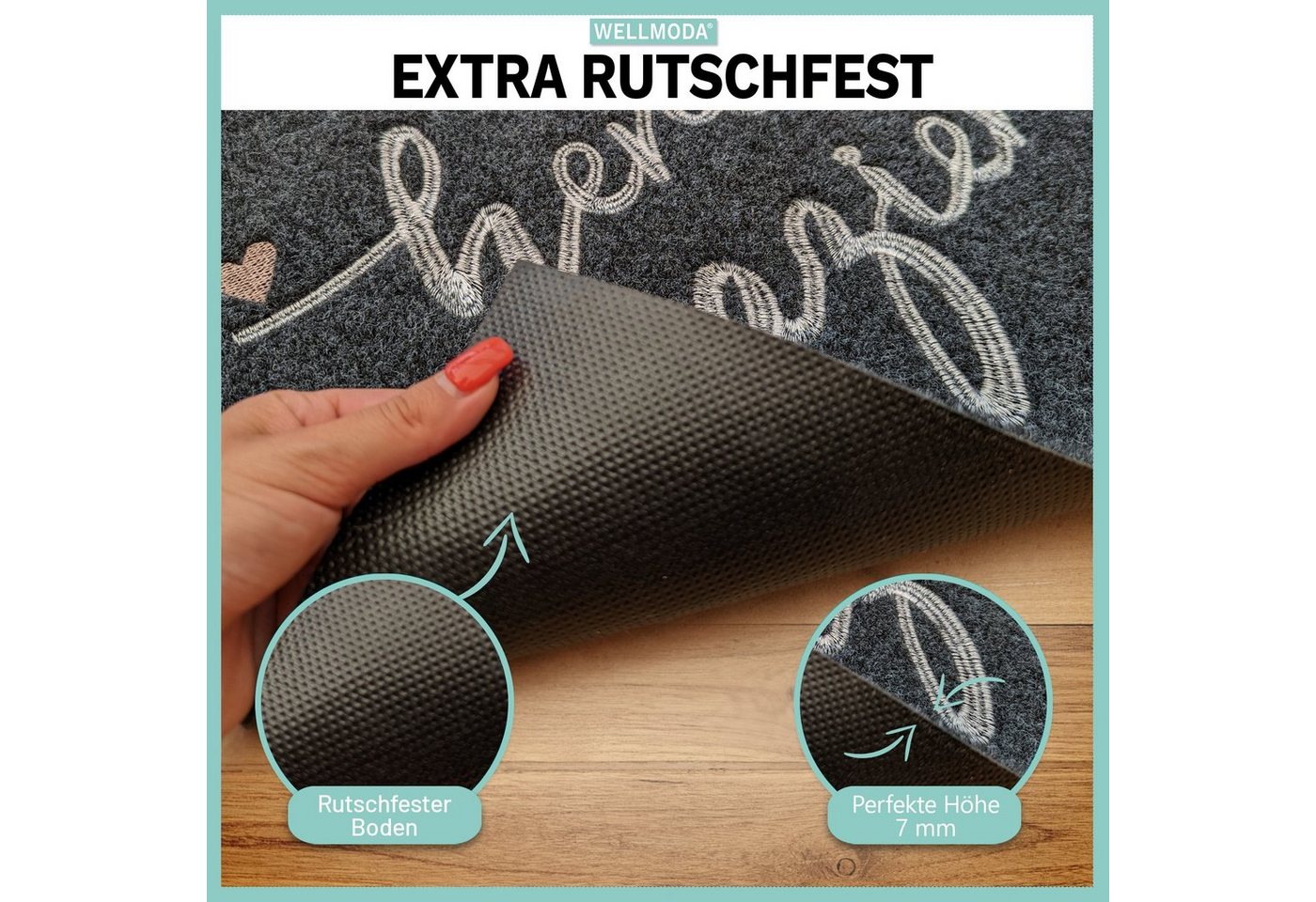 WELLMODA Fußmatte „Hereinspaziert“ genähter Schriftzug, grau, 40 x 60 cm, waschbar, Rechteckig, Höhe: 6 mm, rutschfest, schnelltrocknend, Geschenkidee Bild 4
