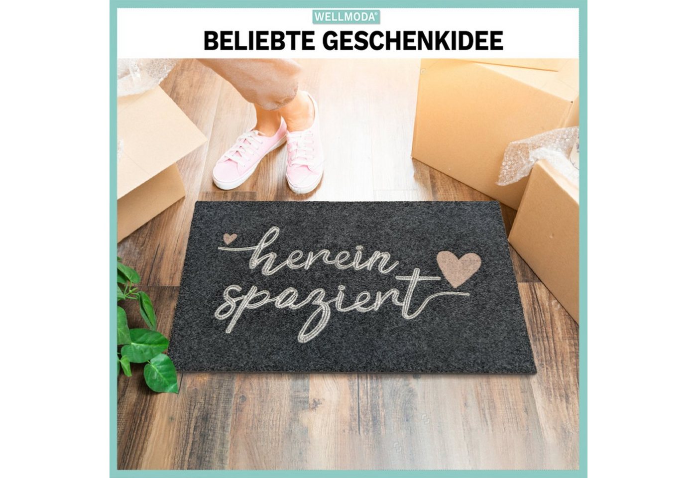 WELLMODA Fußmatte „Hereinspaziert“ genähter Schriftzug, grau, 40 x 60 cm, waschbar, Rechteckig, Höhe: 6 mm, rutschfest, schnelltrocknend, Geschenkidee Bild 5