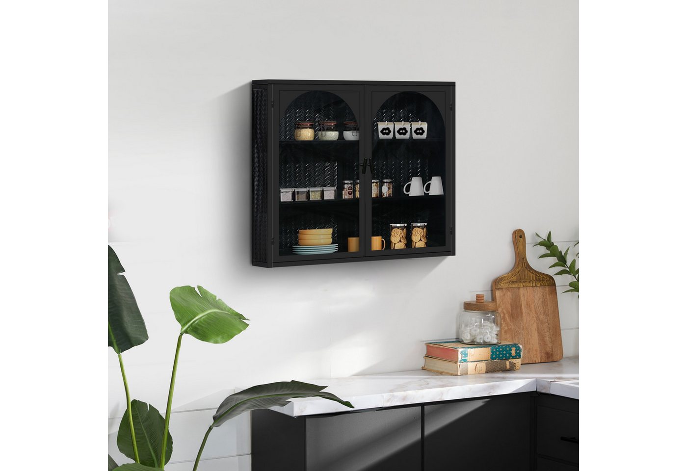 FANNOU Hängeschrank mit dreistufiger Lagerung, 70 x 60 x 23 cm Glastüren Moderner zweitüriger Wandschrank für Eingangsbereich, Küchen Bild 4