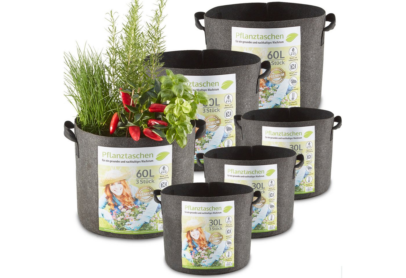 Zooprinz Pflanzkübel Pflanzsäcke 6er Set je 30 Liter, Vliesstoff 260 g/m² (6 St), 260 g/m² Vliesstoff, Wasserabfluss, UV- und witterungsbeständig